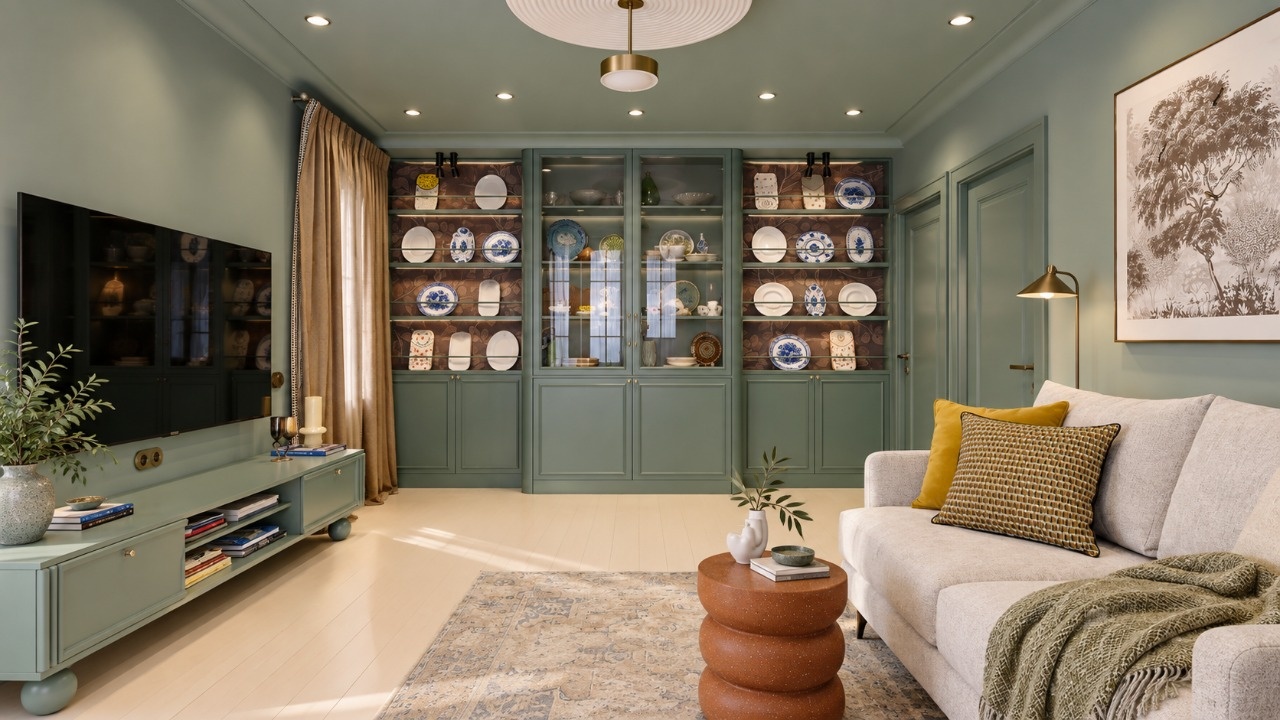 Стильная современная гостиная в приглушённых зелёных тонах со светлым полом из белого американского клёна и дизайнерским декором.